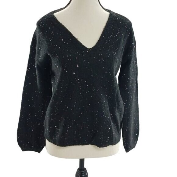 Loft Sweater Black Knit Sequins V Neck Classic Womens Size XS - Picture 1 of 6
